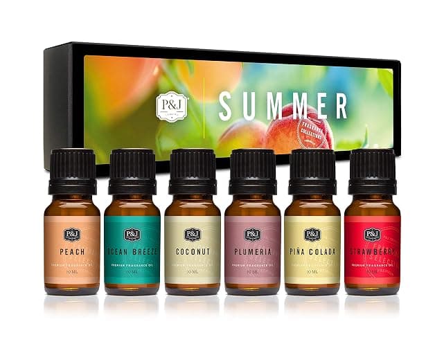 P&J Trading Summer Set of 6 Fragrance Oils - Peach, Strawberry, Plumeria, Coconut, Ocean Breeze, Pina Colada Candle Scents, Soapmaking, Diffuser Oil - Summer - 0.34 Fl Oz (Pack of 6) - Image 1