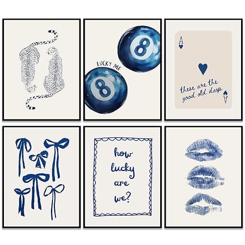 Trendy Navy Wall Art Cheetah Poster Wall Decor Funky Lucky 8 Ball Prints Trendy Preppy Aesthetic Painting Blue Bow Preppy Girly Pictures Decoration for Girls Room Dorm Apartment 8x10" Unframed, 6 Pcs - Image 1