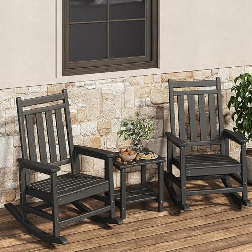 Garvee HDPE Rocking Chair Outdoor Set of 2 with Side Table - Poly High Back Porch Rocker Chairs for Adults - All Weather Resistant Furniture for Patio Front Porch - Black - Image 1