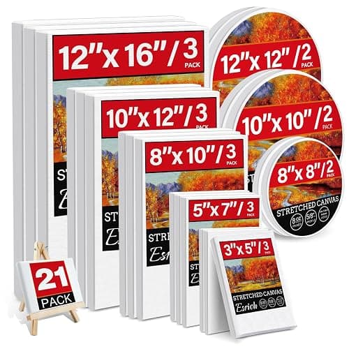 21 Packs Stretched Canvases for Painting, MultiSize 12x16, 10x12, 8x10, 5x7, 3x5, Round Canvas with 8x8,10x10,12x12, Primed Blank Canvas for Oil, Acrylic Paint,for Beginner, Artist. - Image 1