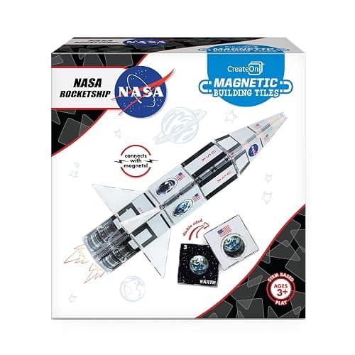 CreateOn NASA Rocketship Magnetic Tile Set, Building Set for Kids, Magnetic Building Toys for Kids, STEM Toys for Boys and Girls Ages 3 and Up, 18-Piece Set - Image 1