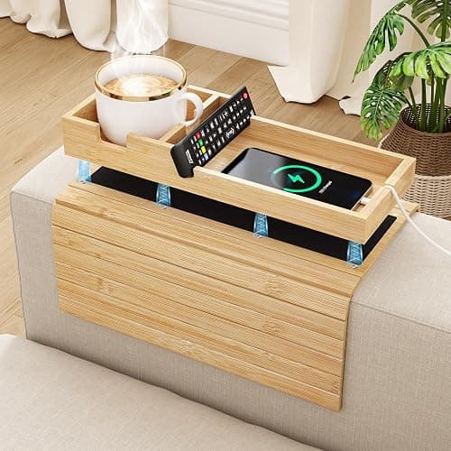 Bamboo Foldable Sofa Armrest Tray with Magnetic Detachable Cup Holder & Anti-Slip Pad | Versatile Couch Arm Table for Drinks, Snacks, Phone, Remote Control Organizer - Image 1