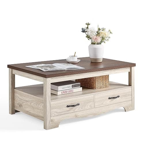 LINSY HOME Farmhouse Coffee Table with Storage, Wood Coffee Table for Living Room, Open Display Area and Storage Drawers with Metal Handles, Chic Style with Curved Base. Oak and Brown - Image 1
