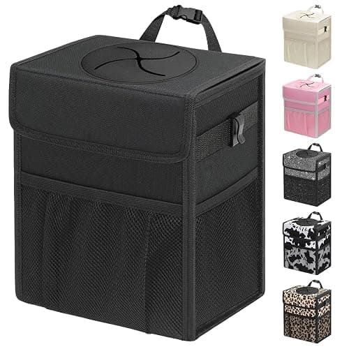 Capolo Car Trash Can with Lid, Leakproof Car Trash Bag Hanging Waterproof Automotive Garbage Can with Storage Pockets Mini Vehicle Trash Bin for Back/Front Seat(Black,2.5 Gallon) - Image 1