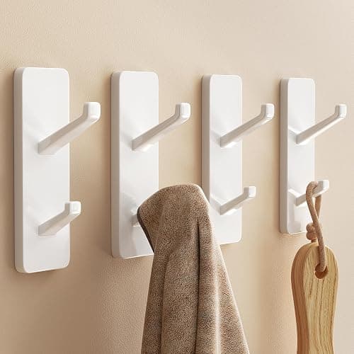 Self Adhesive Wall Hooks for Hanging: 13 LB Strong Hold, Sticky Hangers for Coat, Towels, Purse, Keys, Jacket, Bag - for Wall, Door, Bathroom, Shower, Kitchen - Stainless Metal, White, 4 Pack - Image 1