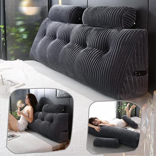 Headboard Wedge Pillow with 2 Pack Neck Roll Pillows Large Wedge Headboard Pillow Reading Pillow Soft and Supportive with Removable Cover - Grey - Queen - Image 1