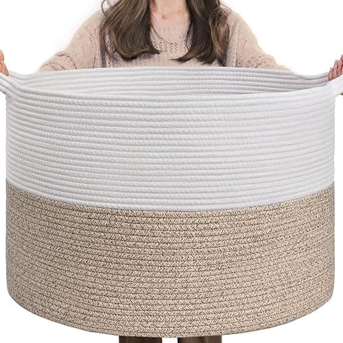 INDRESSME Large Laundry Basket, 21.7'' x 13.8'' Cotton Rope Blanket Basket Living Room Toy Baskets Storage Kids, Woven Baskets for Dirty Clothes, Pillows, Towel, 90L Light Brown - Image 1