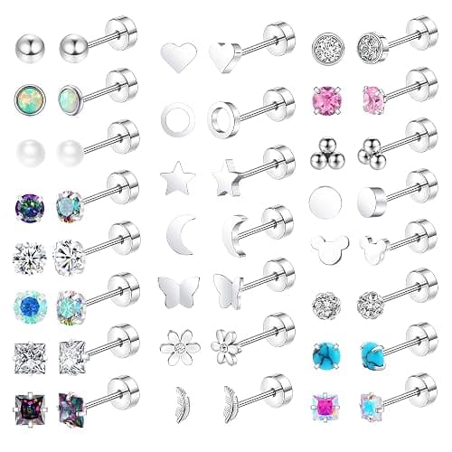 MOZAKA 23 Pairs Hypoallergenic Titanium Earrings for Women Cute Heart CZ Flower Pearl Ball Tiny Flat Back Earrings G23 Titanium Earrings for Sensitive Ear - Image 1