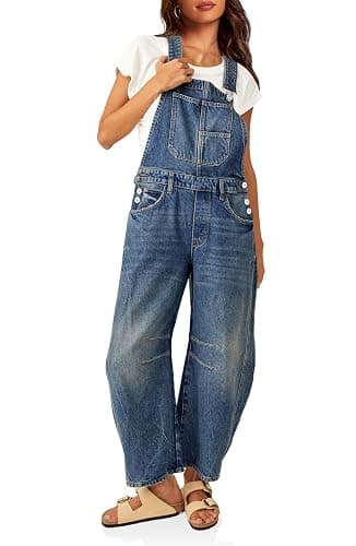 PLNOTME Womens Denim Bib Overalls Barrel Leg Adjustable Strap Jean Jumpsuit | 90s Outfits,Baggy Jumpers,Loose Overalls with Pockets - Image 1