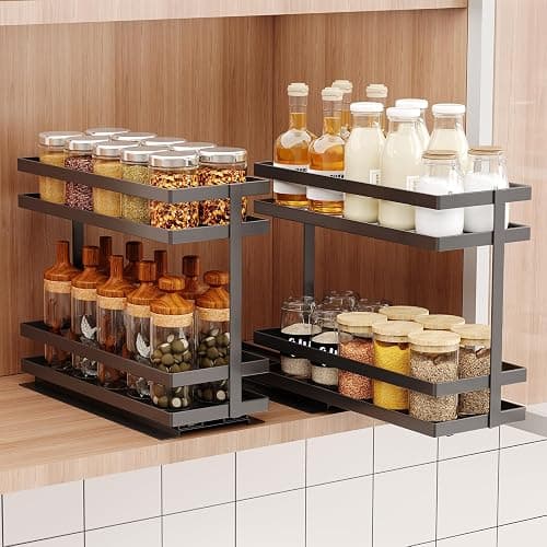 Mustorn 2 Pack Pull Out Spice Rack Organizer for Cabinet, 2 Tier Metal Slide Out Seasoning Organizer and Storage Heavy Duty Vertical Spice Rack Shelf Pullout for Kitchen Cabinets No Drilling (Black) - Image 1