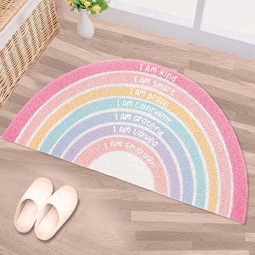 Drydiet Rainbow Classroom Doormat Welcome Door Mat Back School, Pink Pastel | Colorful Semi-circular Area Rug with Inspirational Quote, 35.43"x17.72", Non-slip, Boho Tone, Soft Fiber, Ideal for Girl Room - Image 1