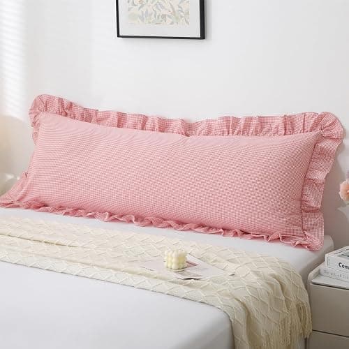 Jilboo Vintage Pink/White Gingham Body Pillow Cover 20x54 - Ruffled Farmhouse Bedding Accent | 100% Washed Cotton Checkered Pillow Sham for Bed, Sofa, Couch (Blush Plaid, 1pc) - Image 1