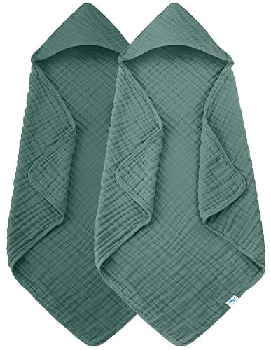 SWEET DOLPHIN Muslin Hooded Baby Bath Towels - 2 Pack 100% Cotton Towel for Babies, Infants, Toddlers - 32x32Inch - Highly Absorbent and Newborn Essential, Deep Emerald - Image 1