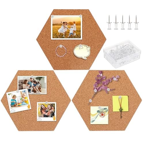 FEBSNOW 3 Pack Self-Adhesive Cork Board Tiles Hexagonal Cork Board Mini Wall Bulletin Board with 50 Multi-Color Push Pins - 4 x8 Inch - 3 - Image 1