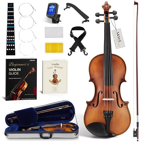 AKLOT Handcrafted Full Size Violin: Solid Wood Matte Fiddle, Acoustic Beginner 4/4 Violin Kit with Hard Case, Lesson Book, Bow, Shoulder Rest, Extra Strings, Tuner, Fretboard Stickers (VRT-AmiMS) - Image 1