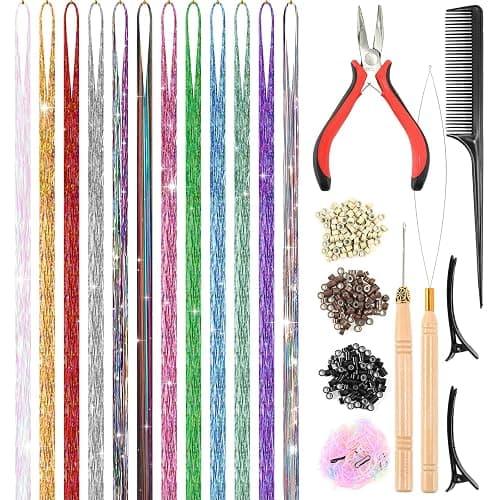 12 Colors Hair Tinsel Kit Hair Extensions 48 Inch With Tool 3600 Strands Sparkling Dazzle Glitter Shiny Fairy Hair Heat Resistant for Girls Women Christmas New Year Festival Party - Image 1