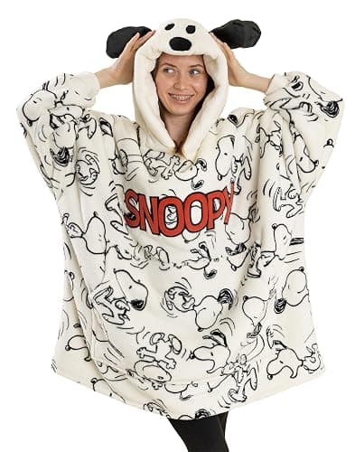 Peanuts Snoopy Womens White Blanket Hoodie | Cosy Fleece with 3D Ears | Long Sleeve Hooded Loungewear for Relaxation | Character Print | Comfortable Indoor Wear Merch - Image 1