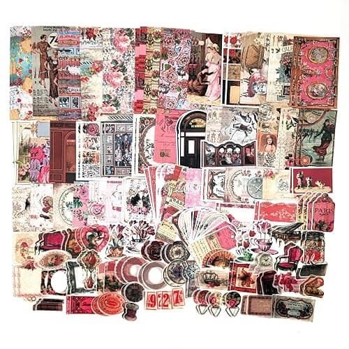 200PCS Vintage Scrapbooking Supplies Pack, Aesthetic Scrapbook Sticker Paper Art Journaling Kit for Bullet Junk Journals,Planner,Cottagecore Decor Gifts (Pink Retro Collection) - Image 1