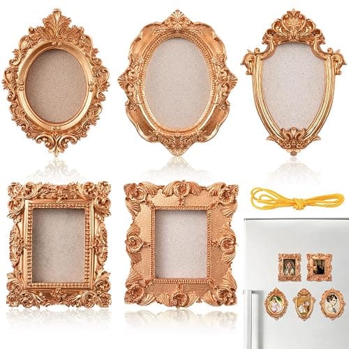 Leinuosen 5 Pcs Refrigerator Mini Frames Magnetic Vintage Picture Display with Back Small Antique Picture Frames with Hooks and Rope Refrigerator Magnets Photo Display Christmas Decor(Golden) - Image 1