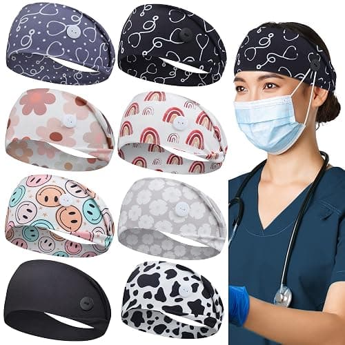 ABAMERICA Headbands with Button for Mask, Wide Nurses Headbands Non Slip Elastic Ear Protection for Women Men Doctors Sweatband Head Wrap - C08- BUTTON- 8 PACK Color Mixture - Image 1