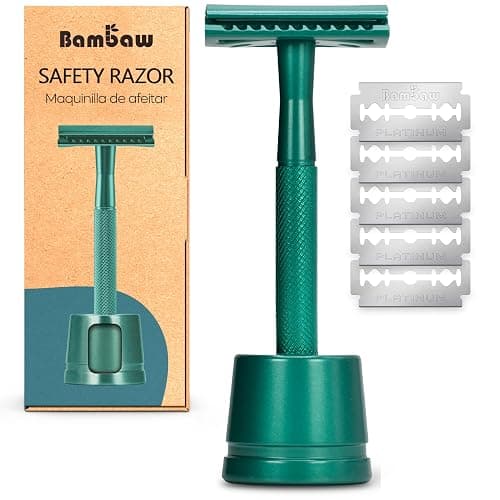 Bambaw Double Edge Close Comb Safety Razor with Stand, Shaving Razor for Men with 5 Safety Razor Blades, Reusable Eco Freindly DE Metal Razor – Sea Green - Image 1