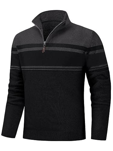 KEFITEVD Men's Jumpers Quarter Zip Winter Warm Sweater Mock Turtle Neck Casual Pullover Cotton Knitted Striped Work Jumper - Image 1