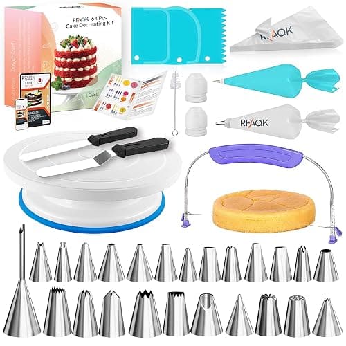 RFAQK 64PCs Cake Decorating Kit with Leveler, Baking Supplies Gift Includes Cake Stand Turntable, 24 Numbered Icing Tips, 30+1 Piping Bags, 2 Frosting Spatulas, 3 Scrappers, Video Course & Booklet - Image 1