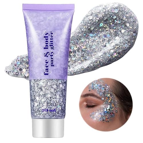 Go Ho Silver Face Body Glitter Gel,Singer Concerts Silver Face Paint Makeup,Holographic Chunky Glitters for Hair/Lip/Nails on Party Halloween Makeup,Festival Rave Accessories,52g - Image 1