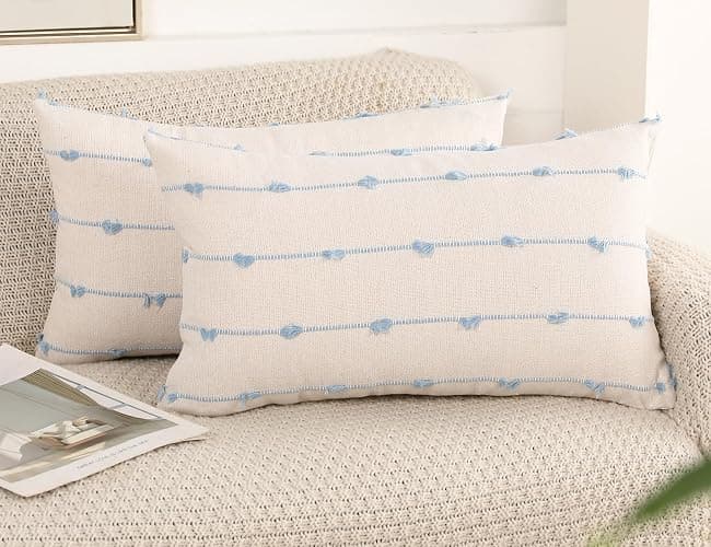 NUYECY Set of 2 Boho Lumbar Throw Pillow Covers 12x20,Light Blue Neutral Couch Pillow Case with Tassel Fringe Decorative,Modern Accent Farmhouse Cushion Covers for Sofa Couch Bed Living Room - Image 1