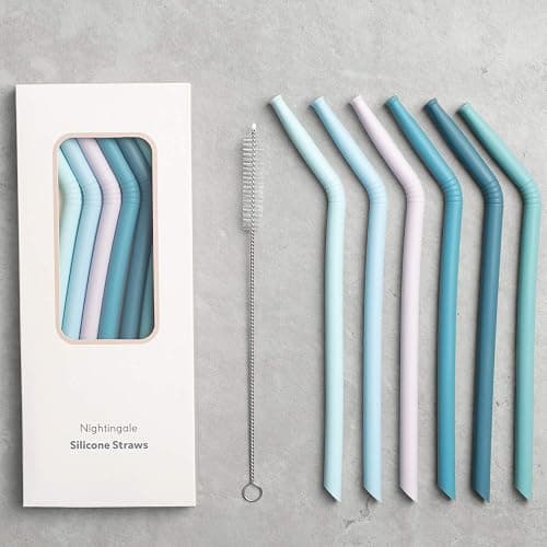 Nightingale Reusable Silicone Straws - Bendy Drinking Straw with Cleaning Brush - Collapsible and Bendable Travel Straw for Kids - Dishwasher Safe, Food-Safe - Set of 6 (Marine Multi) - Image 1