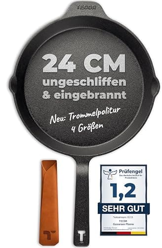 TECOR Gusseisenpfanne Induktion 24 cm ungeschliffen, universell, natürlich - Langlebige Pfanne Gusseisen 24 cm - Antihaft Gusspfanne Induktion einfach, top Qualität - Cast iron pan induction - Image 1