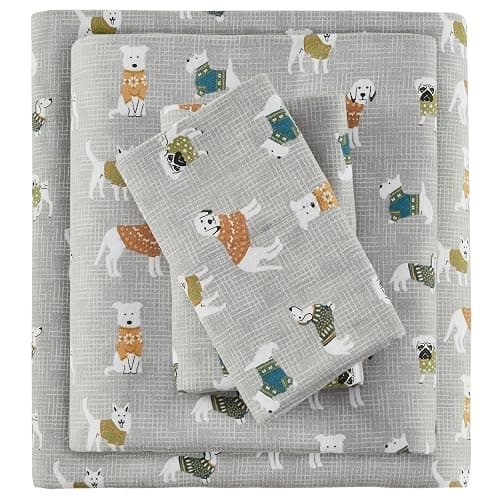 True North by Sleep Philosophy Cozy Flannel Warm 100% Cotton Sheet - Novelty Print Animals Stars Cute Ultra Soft Cold Weather Bedding Set, Queen, Grey Dogs 4 Piece - Image 1