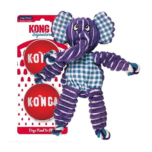 KONG Floppy Knots & Signature Balls (2 Pack) - Knotted Dog Toy Entices Play & Satisfies Instincts - Dog Supplies with Minimal Stuffing - Strong Dog Toy Balls for Fetch - Elephant, for Large Dogs - Image 1