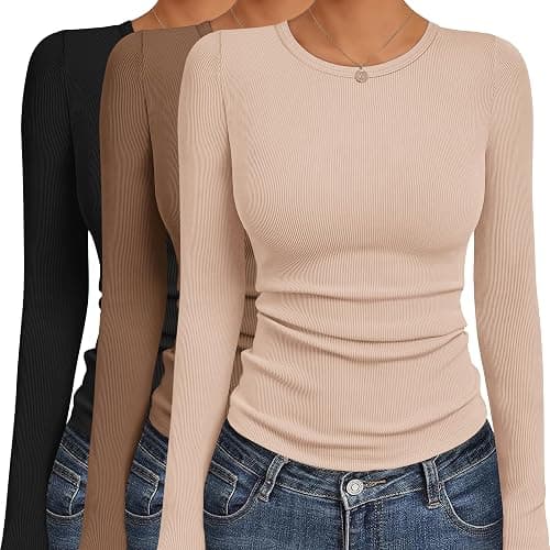 Ekouaer Women's Long Sleeve Shirts 3 Packs Crew Neck Stretchy Fitted Tops Ribbed Base Layer Soft Thermal Undershirts Tee - Image 1