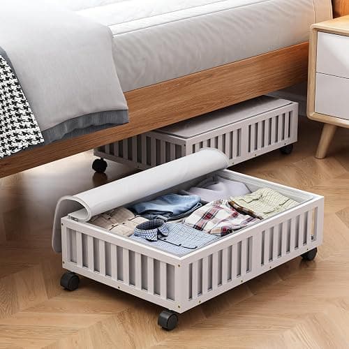 MHXW SXPN 2 Pack Bamboo Under Bed Storage Containers with Wheels, White | Underbed Drawer Storage with Bag, Wood Rolling Underbed Organizer for Shoes, Sheets Clothes Blanket Comforter, Under Crib Toy - Image 1