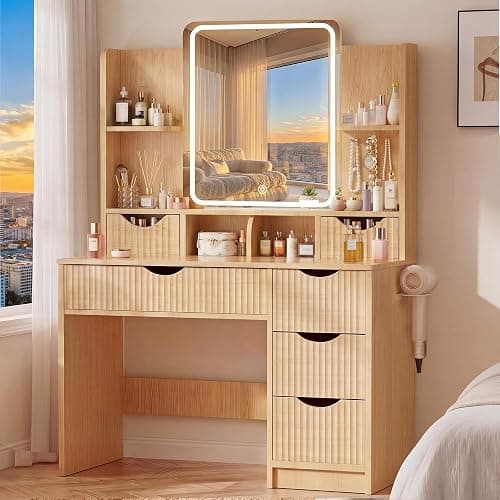 Vanity Desk with Mirror and Lights, Makeup Vanity Table with Large 6 Drawers Modern Fluted Wooden Dressing Table with Jewelry Hook 3 Color Modes Adjustable LED Mirror for Women Girls Bedroom or Dorm - Image 1