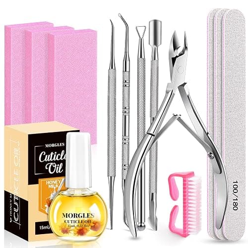 MORGLES Nail File and Buffer Blocks with Nail Care Kit, 13 Pcs Manicure Kit for Women with Milk and Honey Cuticle Oil and Cuticle Trimmer Set - Image 1