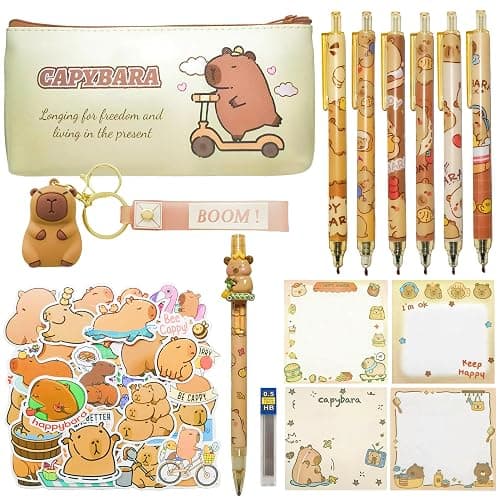 Joylio Capybara Stationery Set – Cute stationery set include capybara pencil case, gel ink pens (black ink), mechanical pencil, stickers, sticky notes and keyring for office school kids students - Image 1