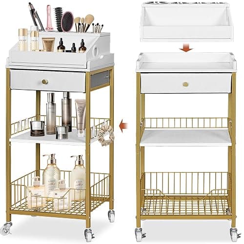 NauwaBarn Makeup Organizer Cart with Drawer, 2-in-1 Rolling Organizer Cart with Hair Tool Holder, Vanity Storage for Skincare, Perfume, Nail Polish, Cosmetics, Gold Finish - Image 1