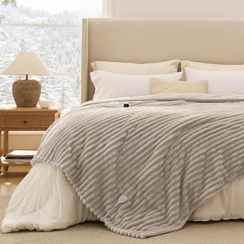 Bedsure Electric Blanket Full Size - Thick Striped Flannel Heated Blanket with 6 Heat Settings, 10 Time Settings, 8-Hour Timer Auto Shut Off, Gifts for Grandma (72x84 inches, Linen) - Image 1