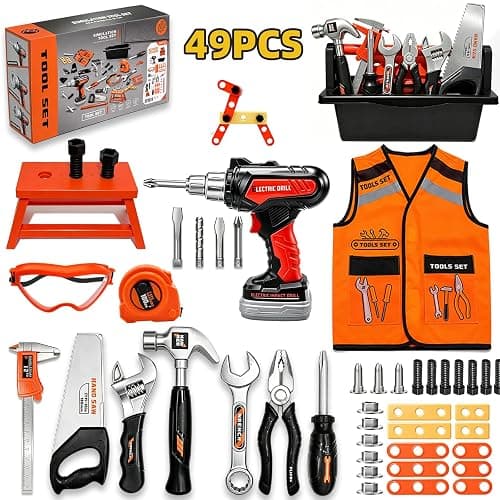 49 PCS Kids Tool Set with Realistic Toy Electric Drill & Storage Box, Construction Worker Dress Up Pretend Play Kit with Washable Vest & Goggles, STEM Educational Builder Gift for Boys Ages 3-7 - Image 1