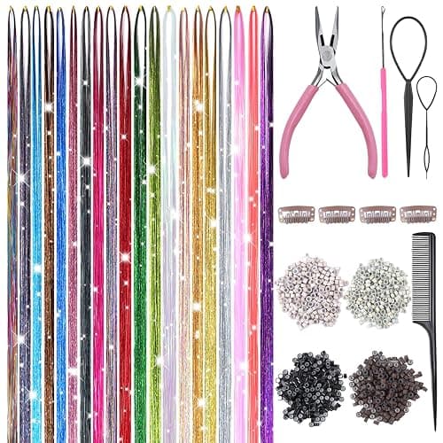 Hair Tinsel, 20 Colors Hair Tinsel Kit, 8000 Strands Tinsel Hair Extensions | 48 Inch Glitter Tinsel Hair with Tools, Heat Resistant Sparkling Fairy Hair Accessories for Girls & Women - Image 1
