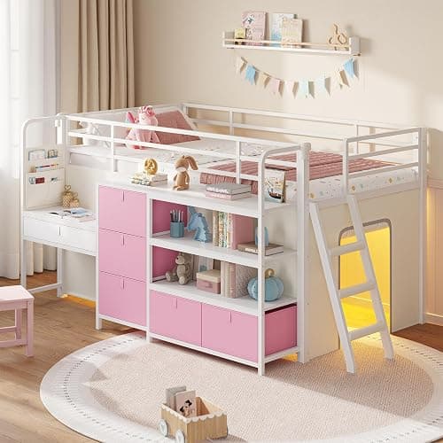 DICTAC Low Loft Bed with Desk and 6 Storage Drawers Twin Loft Bed with Bookshelf,LED Lights & Under-Bed Play Space,Kids Twin Beds with 13.8''H Safety Guardrail,Inclined Ladder&Play Curtain,Pink+White - Image 1