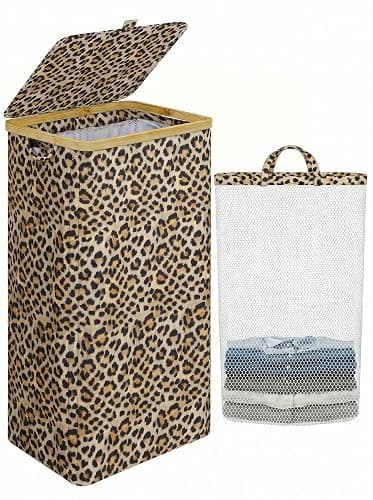IEGrow Laundry Hamper with Lid,110L Laundry Basket with Bag,Leopard Print | Dirty Clothes Hamper Basket with Bamboo Handle for Clothes Towels - Image 1