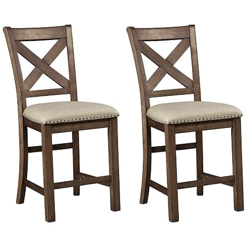 Signature Design by Ashley Moriville Rustic Farmhouse 24.5" Upholstered Barstool, 2 Count, Beige & Brown - Image 1