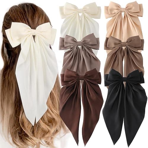 6 PCS Hair Bows for Women, Big Bow Hair Clips for Girls, Silky Satin Hair Bows Clips Oversized Long Tail, Large Hair Barrettes Cute Aesthetic Hair Accessories, Metal Bow Hair Clips Neutral Color - Brown color - Image 1
