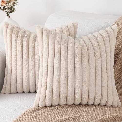 Pallene Faux Fur Plush Throw Pillow Covers 18x18 Set of 2, Luxury Soft Fluffy Striped Decorative Pillow Covers for Sofa, Couch, Living Room, Apricot - Image 1