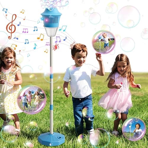 ROHSCE Automatic Bubble Machine with LED Lights & Music, Tall Rechargeable Bubble Maker for Kids, Adjustable Height 47 Inches Outdoor Bubble Stand Machine for Birthday Party, Wedding, Garden, Camping - Image 1