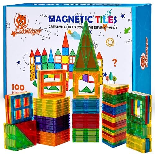 CuteTiger Magnetic Tiles, Magnet Tiles, 100 Pcs Magnetic Building Blocks No Cars, Square Building Castle, Preschool Toys, STEM Stacking Construction Montessori Toys for Kids - Image 1