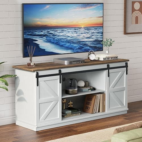 YESHOMY Farmhouse TV Stand for Televisions up to 65 Inches, Sliding Barn Doors and Storage Cabinets, Console Table and Media Furniture for Living Room, 58 Inch, Milk White - Image 1